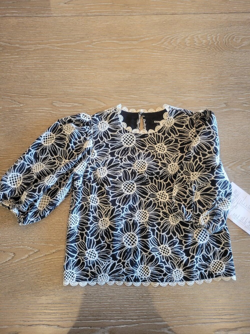 Express Black White Floral Embroidered Lace Top Puff Sleeve Small